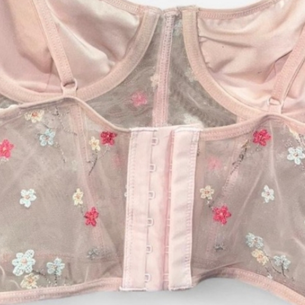 Full Tilt Blush Pink Mesh With Floral Embroidery Bustier Top With Underwires (M) - Picture 7 of 9